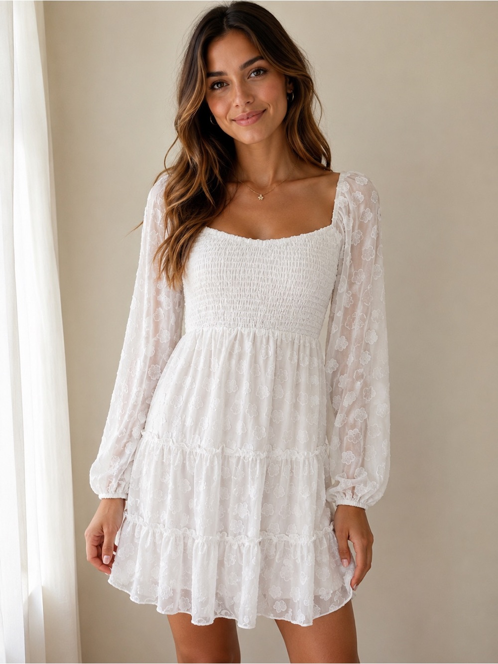 Midnight Doll Smocked Square Neck White Lace Mini Dress